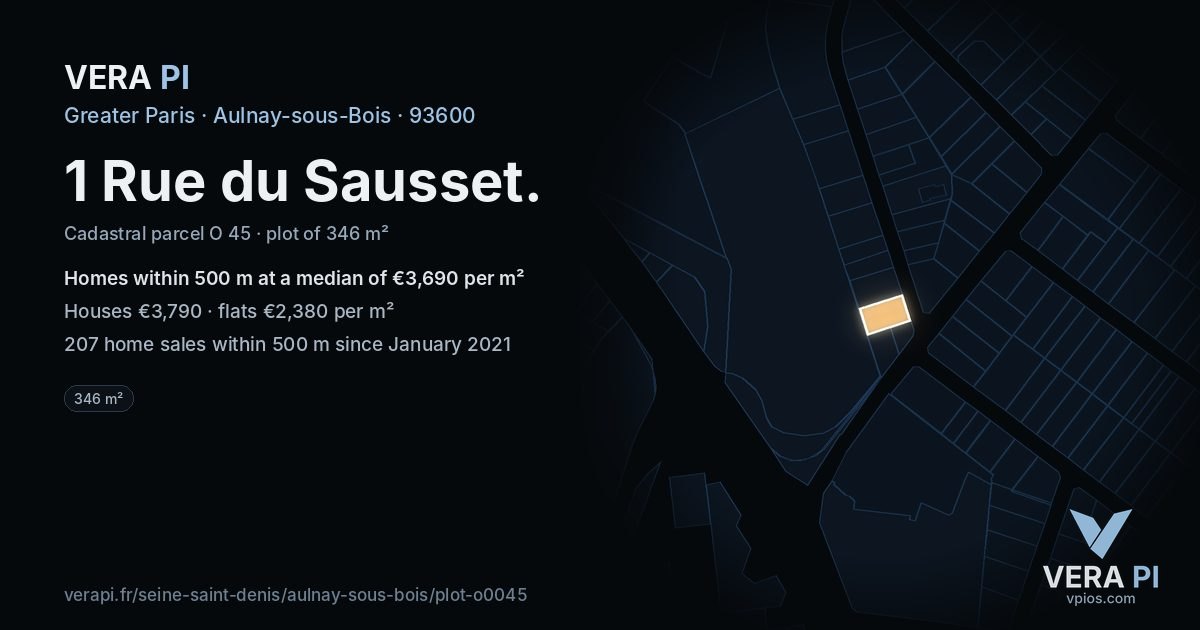 1 Rue du Sausset, Aulnay-sous-Bois at night – the plot lit, the parcels around coloured by the prices near them