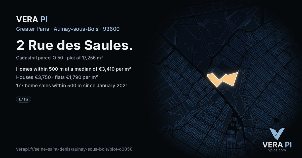 2 Rue des Saules, Aulnay-sous-Bois at night – the plot lit, the parcels around coloured by the prices near them