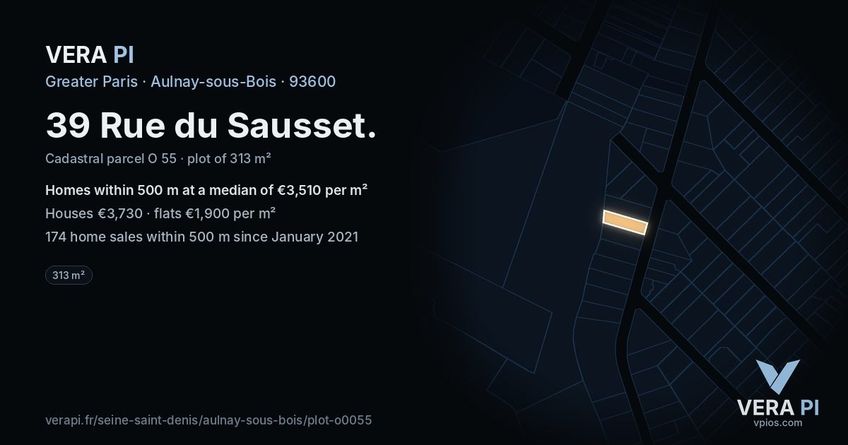 39 Rue du Sausset, Aulnay-sous-Bois at night – the plot lit, the parcels around coloured by the prices near them