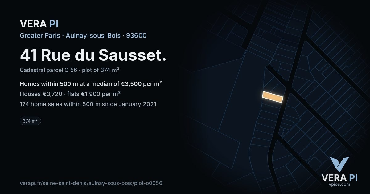 41 Rue du Sausset, Aulnay-sous-Bois at night – the plot lit, the parcels around coloured by the prices near them