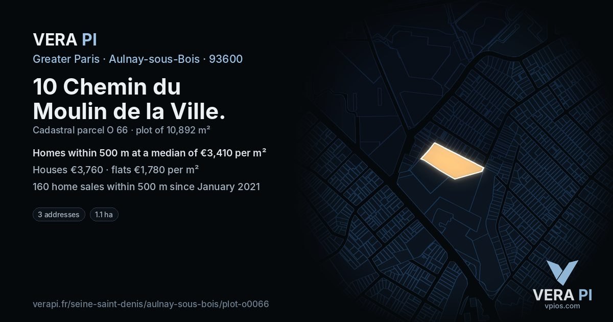10 Chemin du Moulin de la Ville, Aulnay-sous-Bois at night – the plot lit, the parcels around coloured by the prices near them