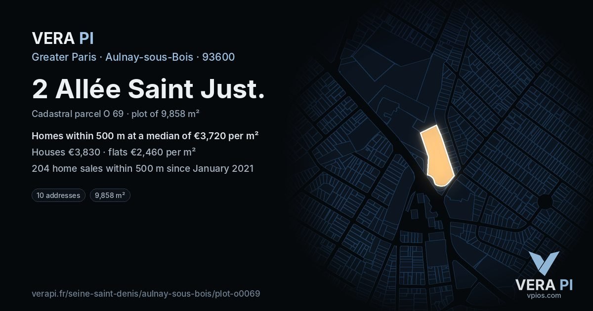 2 Allée Saint Just, Aulnay-sous-Bois at night – the plot lit, the parcels around coloured by the prices near them