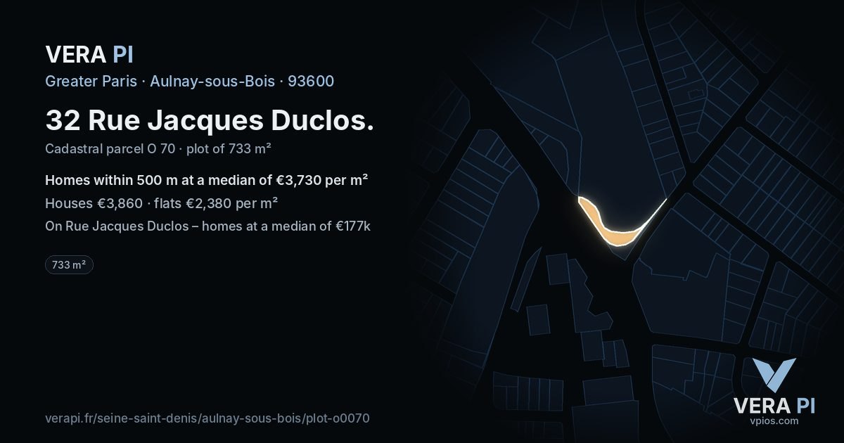 32 Rue Jacques Duclos, Aulnay-sous-Bois at night – the plot lit, the parcels around coloured by the prices near them