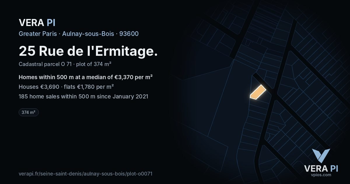25 Rue de l'Ermitage, Aulnay-sous-Bois at night – the plot lit, the parcels around coloured by the prices near them