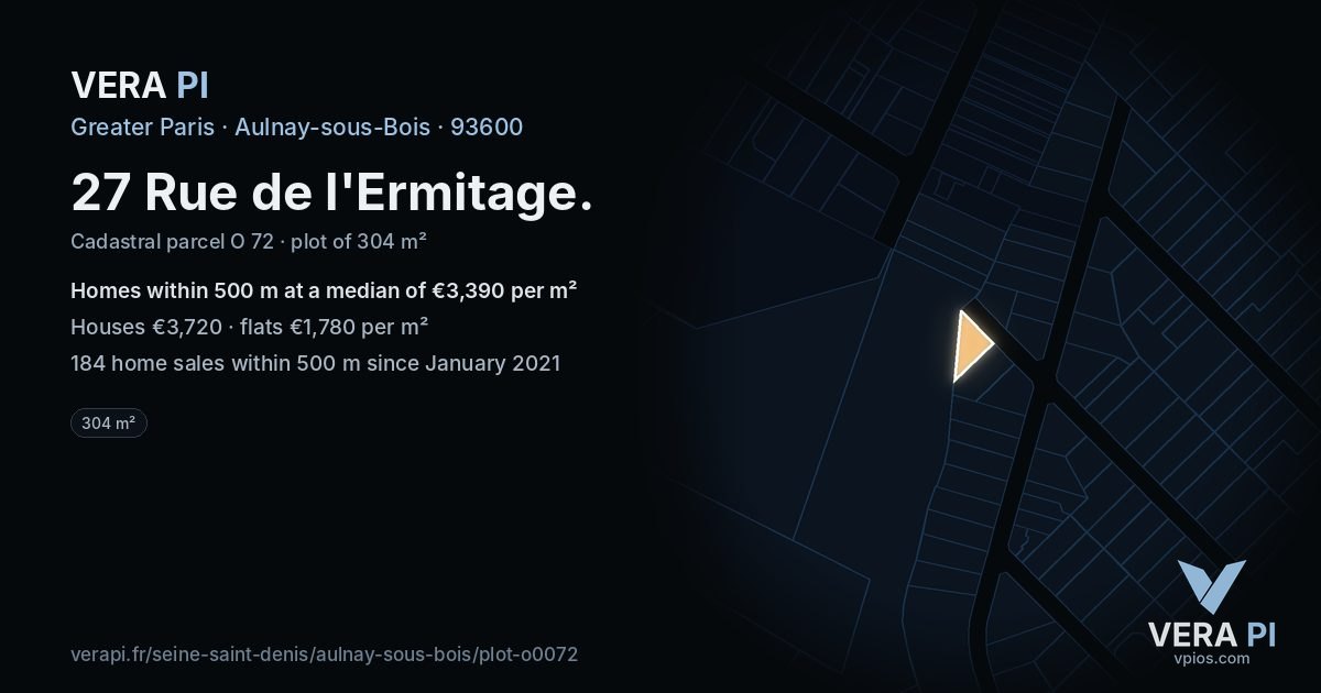 27 Rue de l'Ermitage, Aulnay-sous-Bois at night – the plot lit, the parcels around coloured by the prices near them