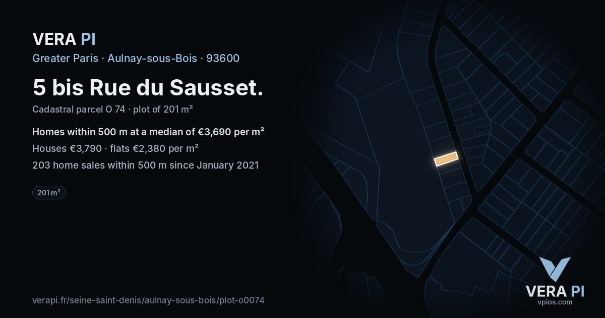 5 bis Rue du Sausset, Aulnay-sous-Bois at night – the plot lit, the parcels around coloured by the prices near them