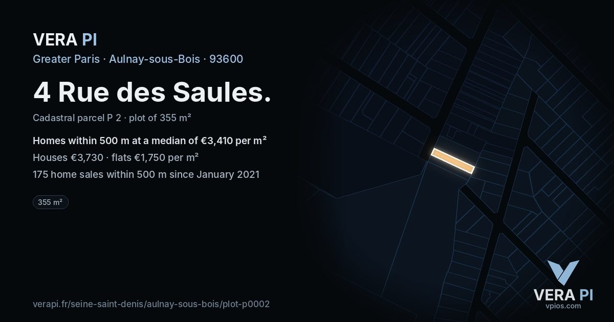 4 Rue des Saules, Aulnay-sous-Bois at night – the plot lit, the parcels around coloured by the prices near them
