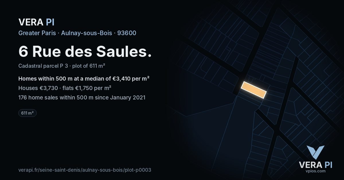 6 Rue des Saules, Aulnay-sous-Bois at night – the plot lit, the parcels around coloured by the prices near them