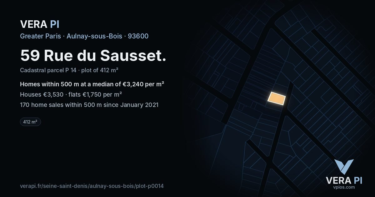 59 Rue du Sausset, Aulnay-sous-Bois at night – the plot lit, the parcels around coloured by the prices near them
