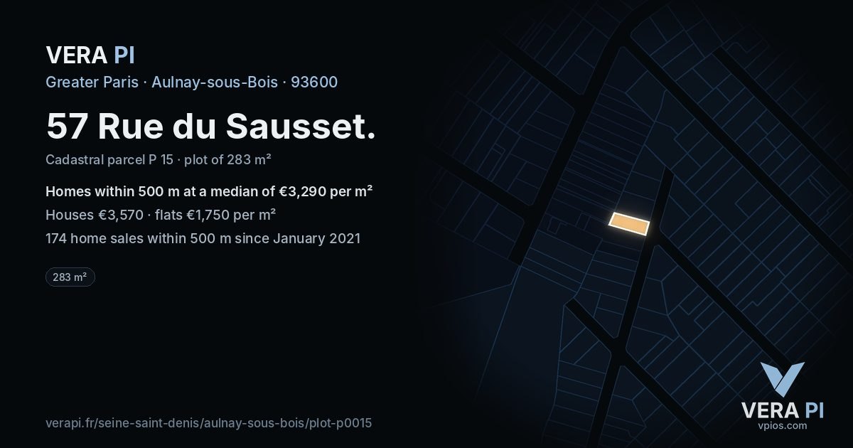 57 Rue du Sausset, Aulnay-sous-Bois at night – the plot lit, the parcels around coloured by the prices near them