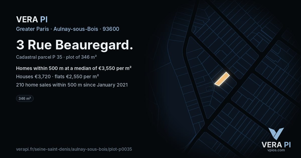 3 Rue Beauregard, Aulnay-sous-Bois at night – the plot lit, the parcels around coloured by the prices near them