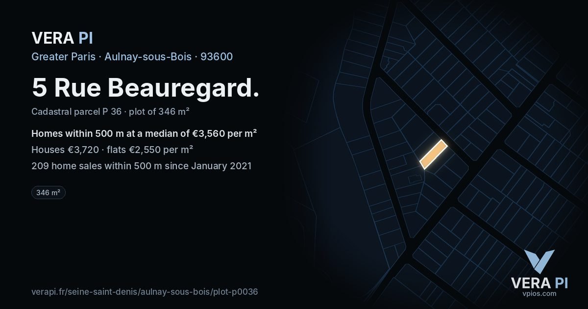 5 Rue Beauregard, Aulnay-sous-Bois at night – the plot lit, the parcels around coloured by the prices near them