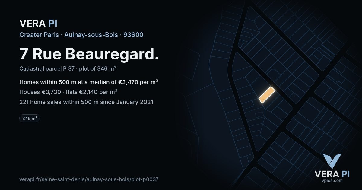 7 Rue Beauregard, Aulnay-sous-Bois at night – the plot lit, the parcels around coloured by the prices near them
