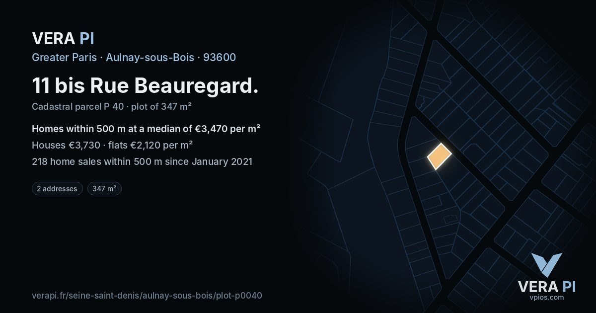 11 bis Rue Beauregard, Aulnay-sous-Bois at night – the plot lit, the parcels around coloured by the prices near them