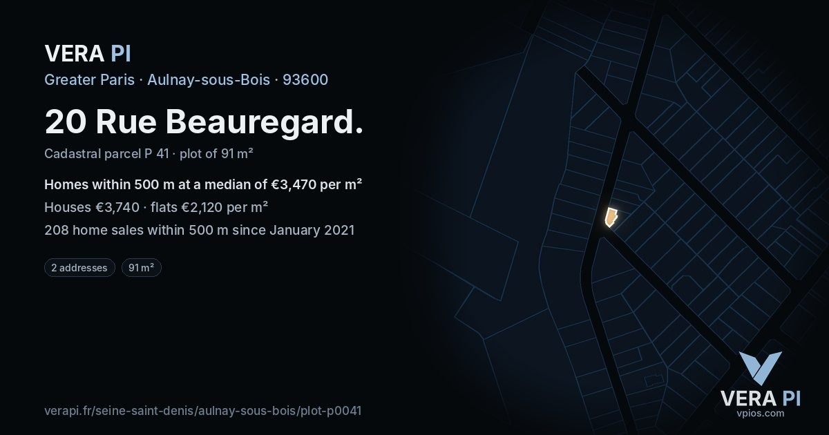 20 Rue Beauregard, Aulnay-sous-Bois at night – the plot lit, the parcels around coloured by the prices near them