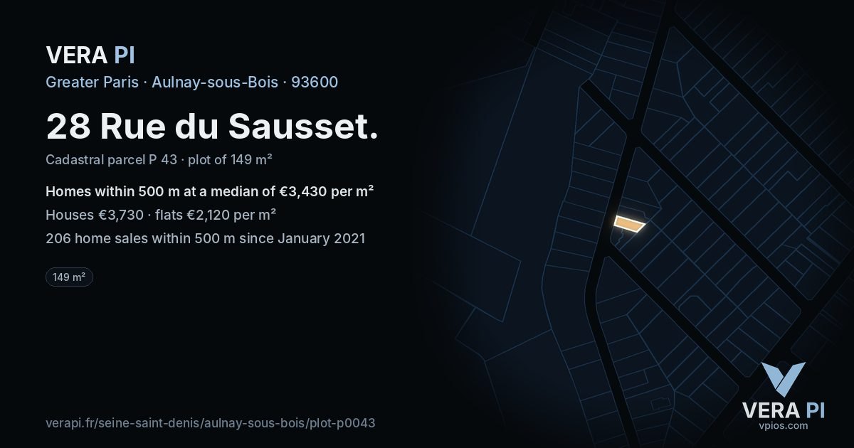 28 Rue du Sausset, Aulnay-sous-Bois at night – the plot lit, the parcels around coloured by the prices near them