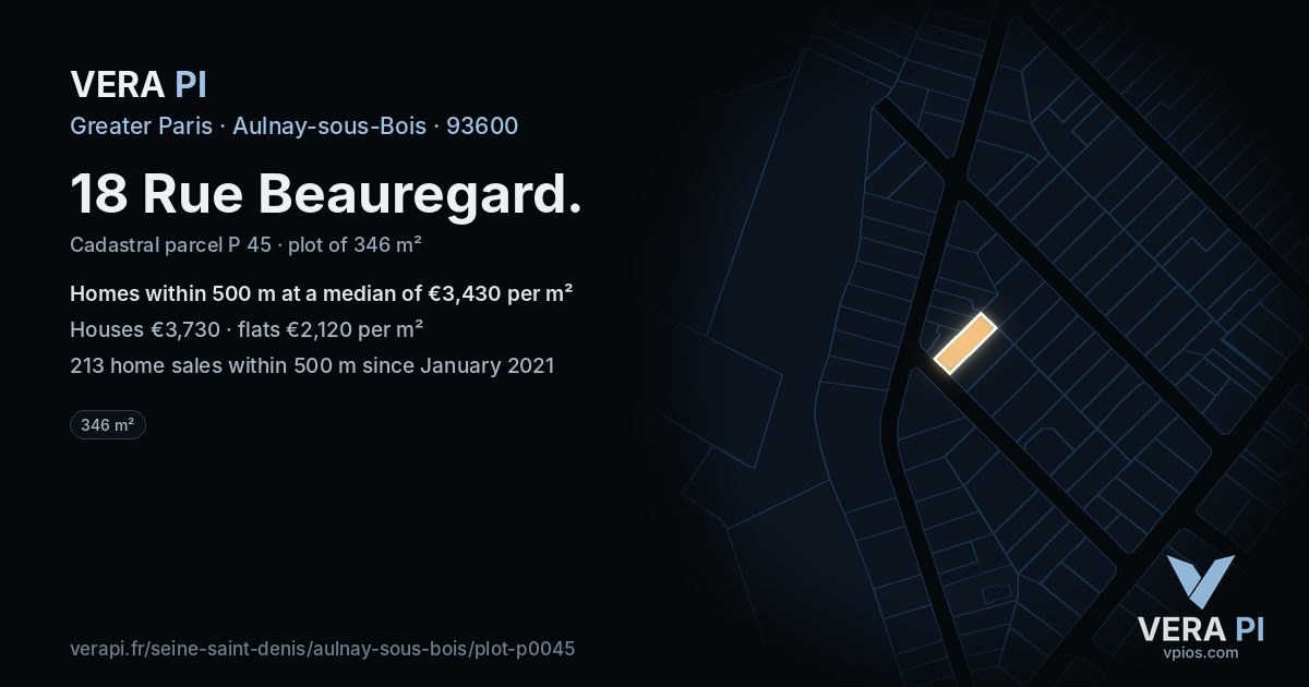 18 Rue Beauregard, Aulnay-sous-Bois at night – the plot lit, the parcels around coloured by the prices near them
