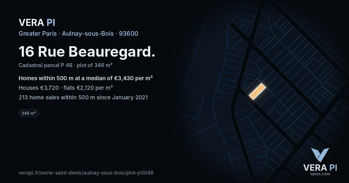 16 Rue Beauregard, Aulnay-sous-Bois at night – the plot lit, the parcels around coloured by the prices near them
