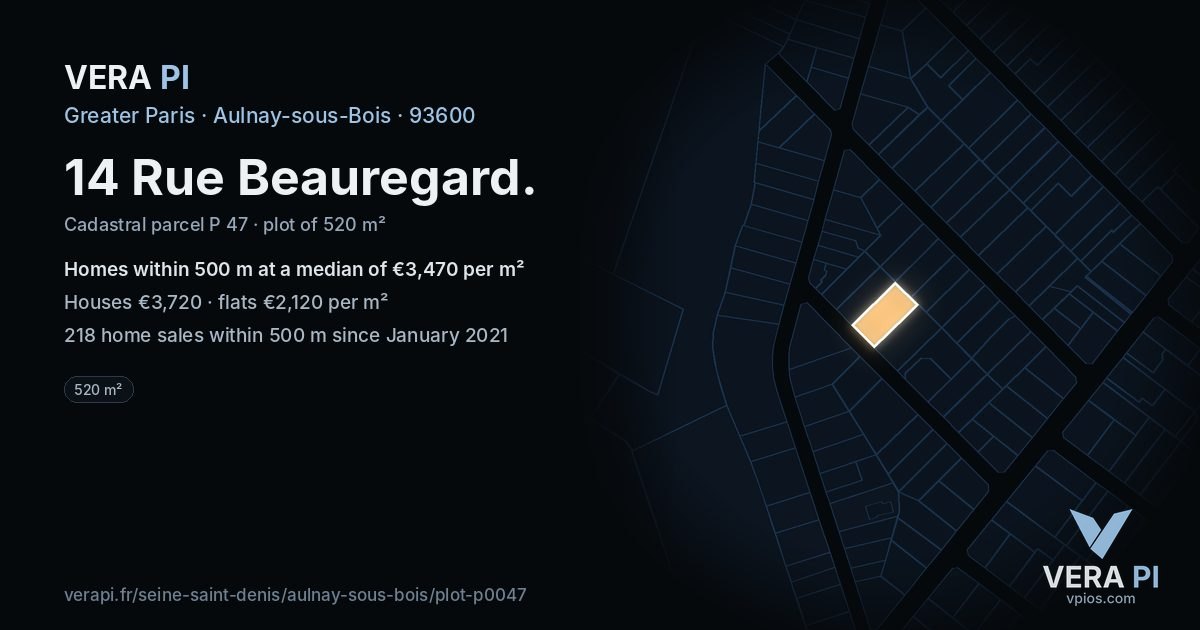 14 Rue Beauregard, Aulnay-sous-Bois at night – the plot lit, the parcels around coloured by the prices near them