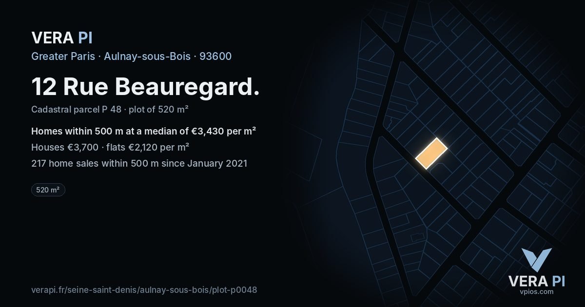 12 Rue Beauregard, Aulnay-sous-Bois at night – the plot lit, the parcels around coloured by the prices near them