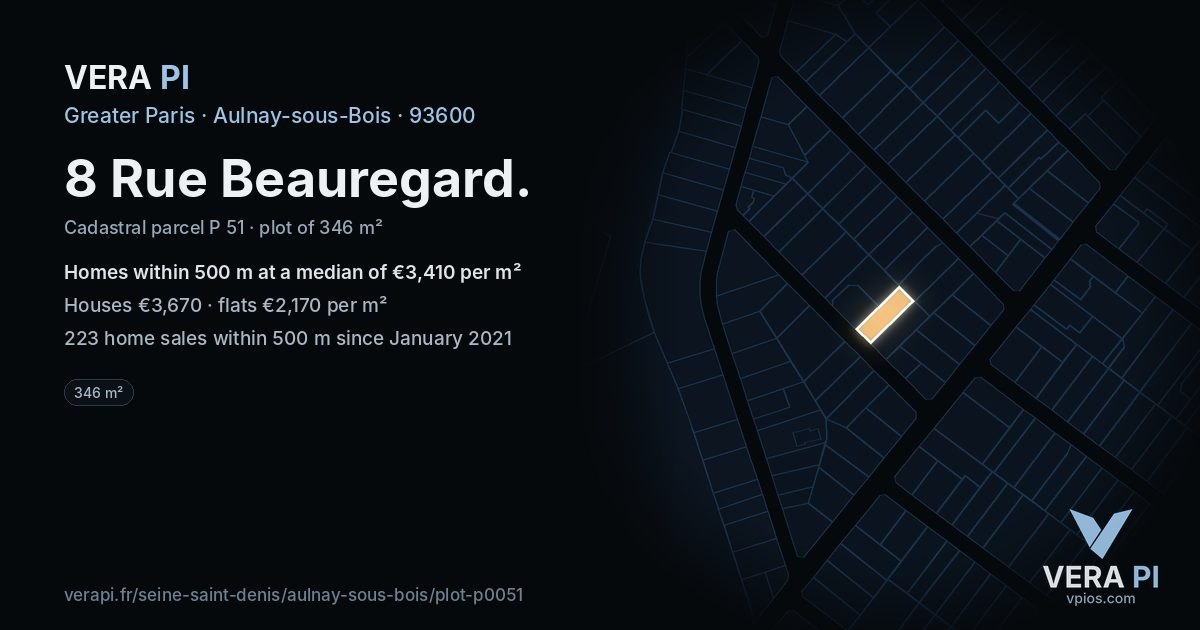 8 Rue Beauregard, Aulnay-sous-Bois at night – the plot lit, the parcels around coloured by the prices near them