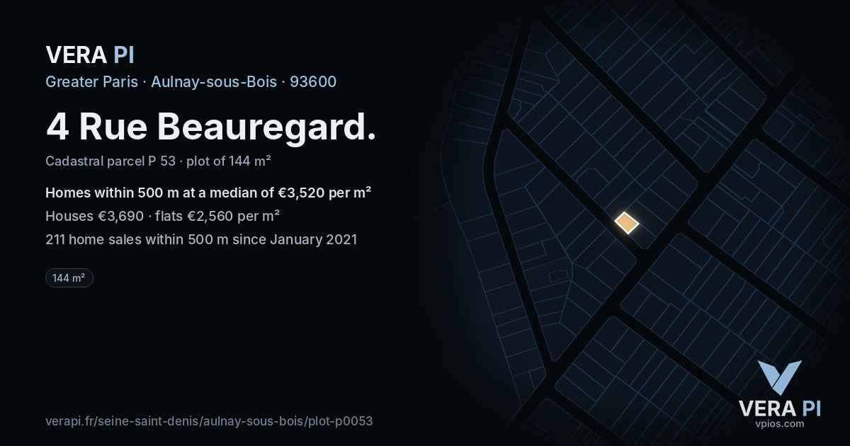 4 Rue Beauregard, Aulnay-sous-Bois at night – the plot lit, the parcels around coloured by the prices near them
