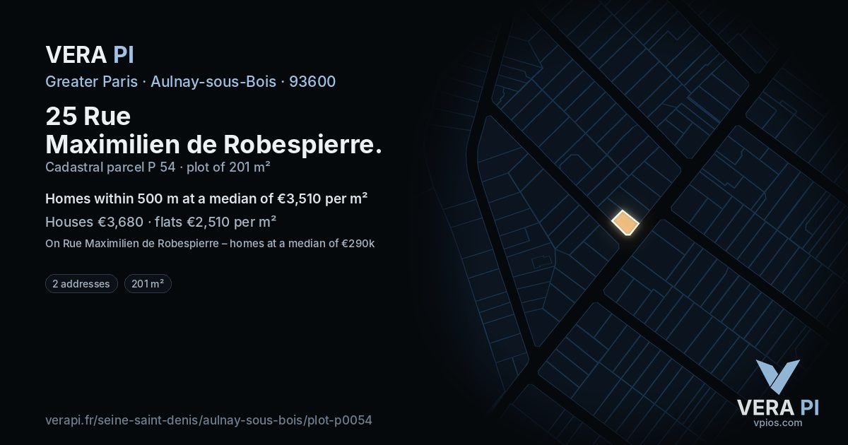 25 Rue Maximilien de Robespierre, Aulnay-sous-Bois at night – the plot lit, the parcels around coloured by the prices near them