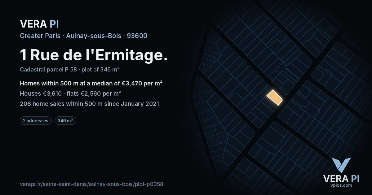 1 Rue de l'Ermitage, Aulnay-sous-Bois at night – the plot lit, the parcels around coloured by the prices near them