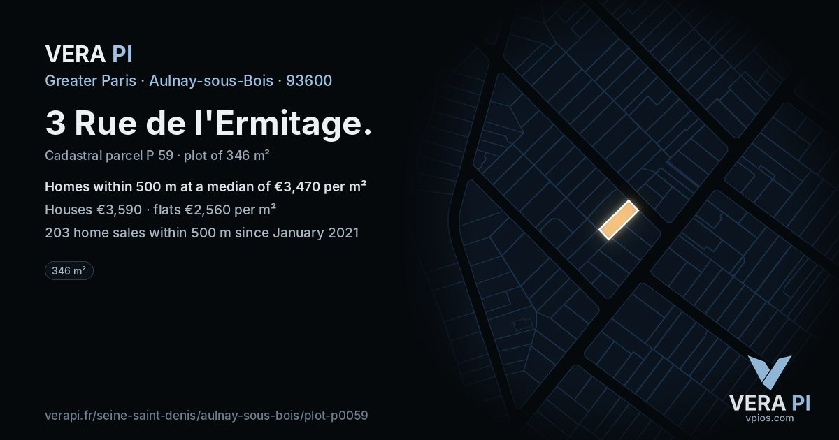3 Rue de l'Ermitage, Aulnay-sous-Bois at night – the plot lit, the parcels around coloured by the prices near them