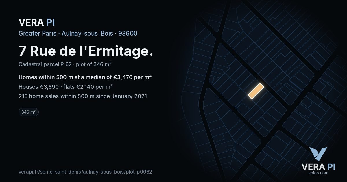 7 Rue de l'Ermitage, Aulnay-sous-Bois at night – the plot lit, the parcels around coloured by the prices near them