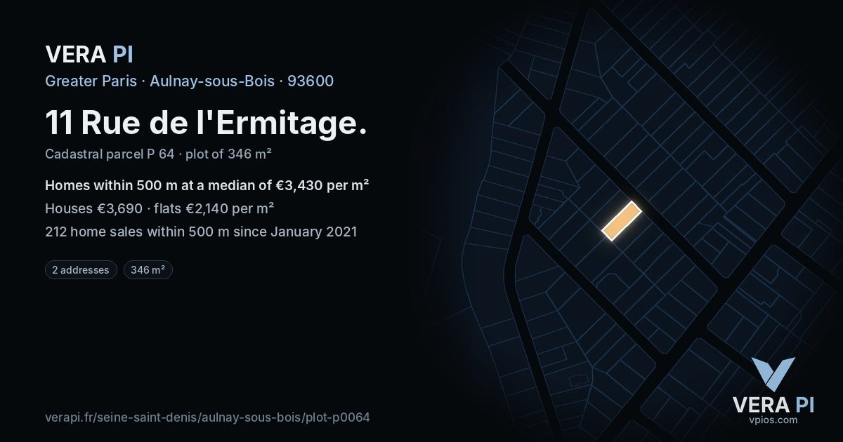 11 Rue de l'Ermitage, Aulnay-sous-Bois at night – the plot lit, the parcels around coloured by the prices near them