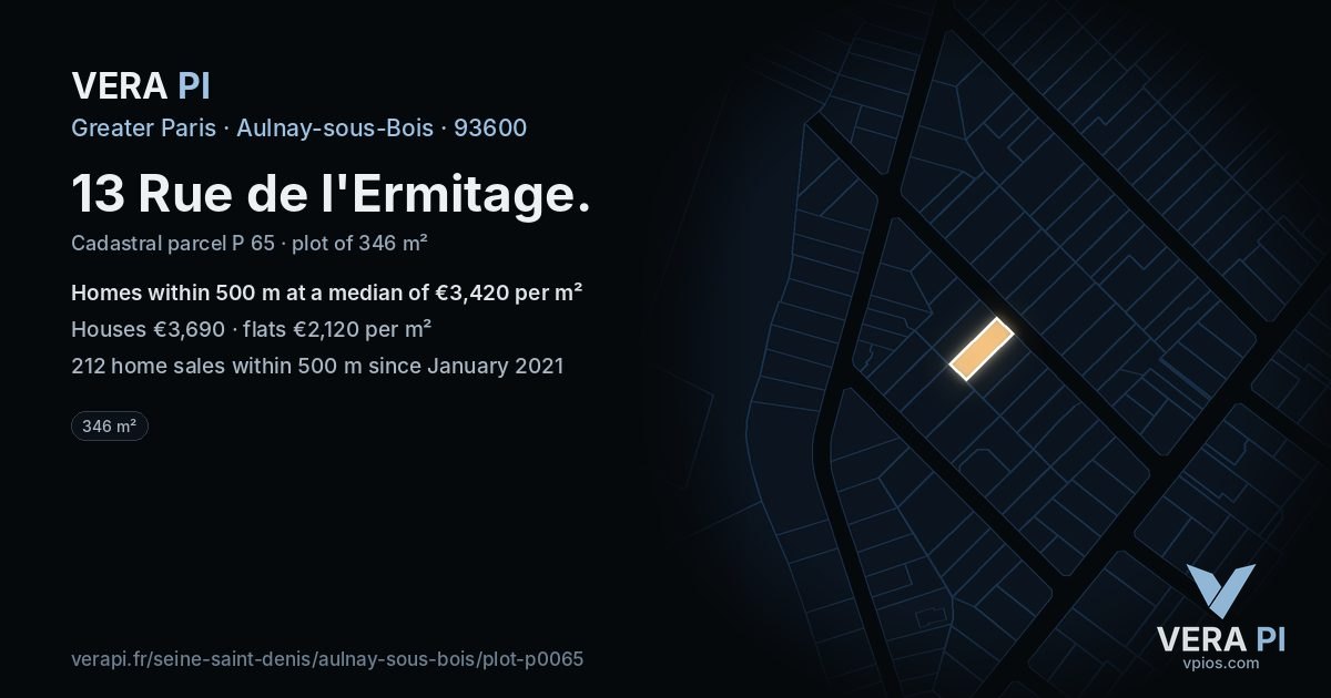 13 Rue de l'Ermitage, Aulnay-sous-Bois at night – the plot lit, the parcels around coloured by the prices near them