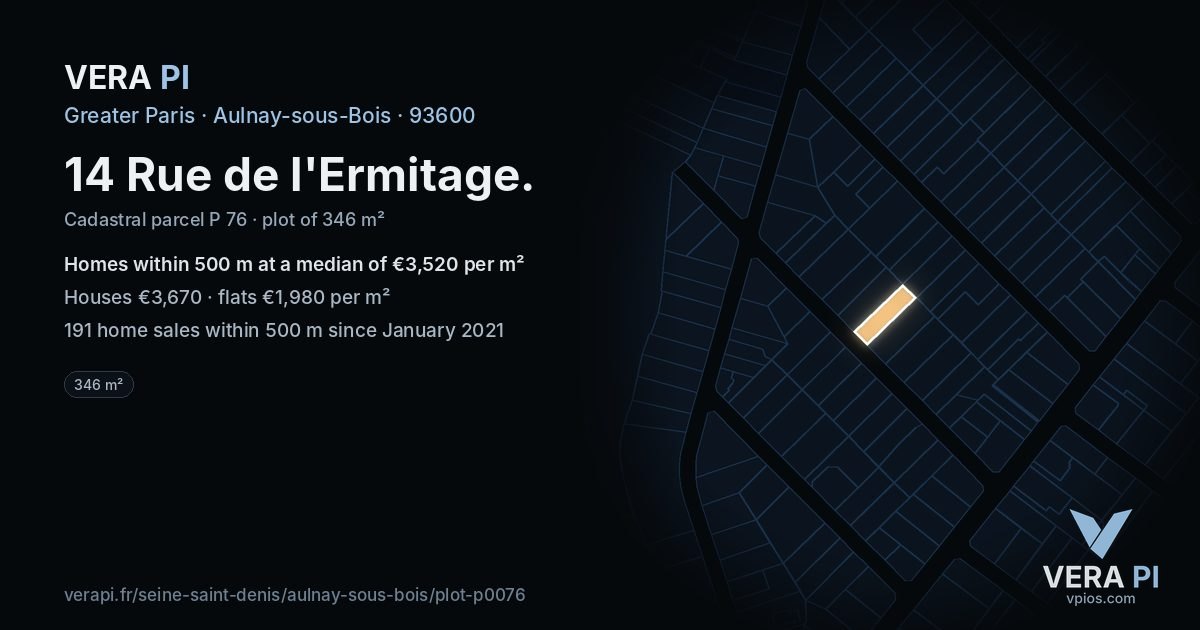 14 Rue de l'Ermitage, Aulnay-sous-Bois at night – the plot lit, the parcels around coloured by the prices near them
