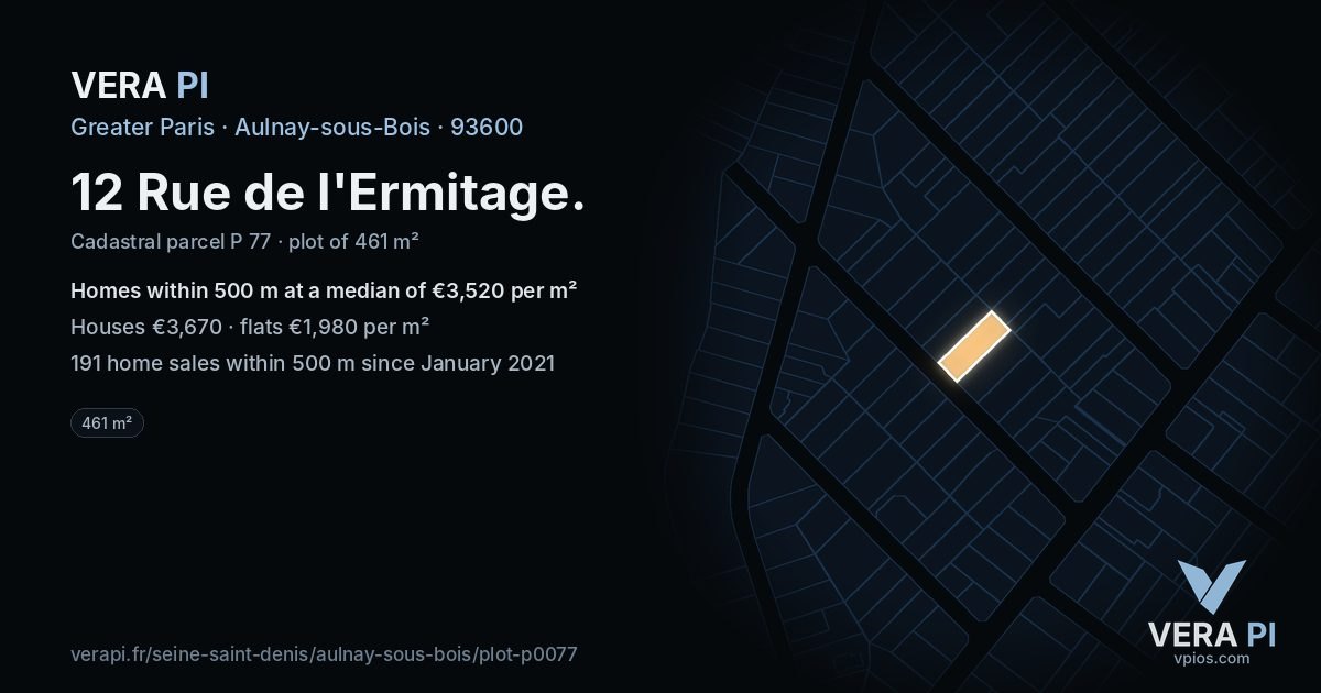 12 Rue de l'Ermitage, Aulnay-sous-Bois at night – the plot lit, the parcels around coloured by the prices near them