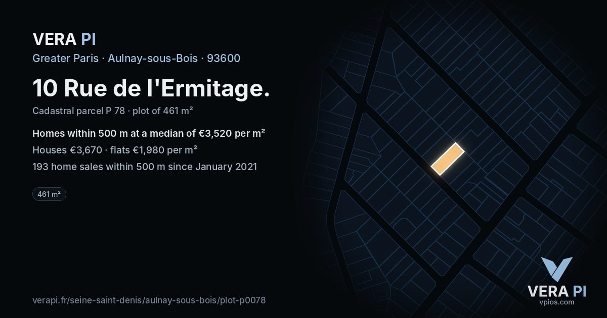 10 Rue de l'Ermitage, Aulnay-sous-Bois at night – the plot lit, the parcels around coloured by the prices near them