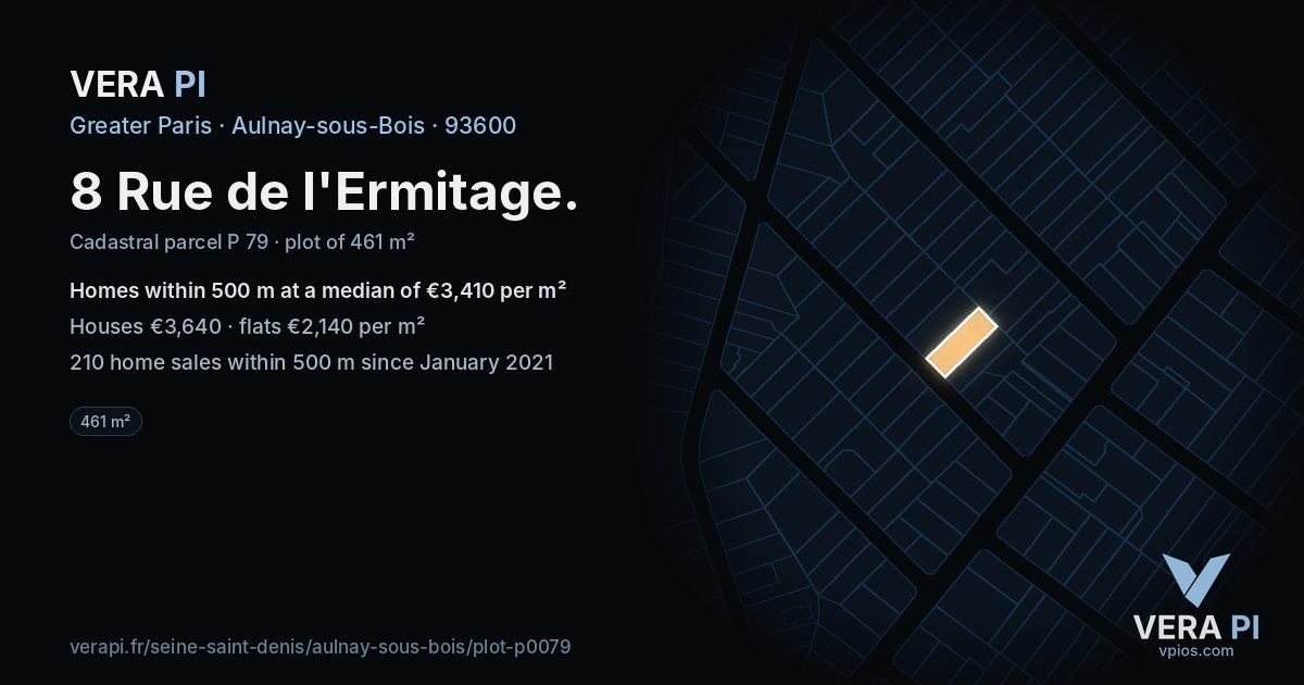 8 Rue de l'Ermitage, Aulnay-sous-Bois at night – the plot lit, the parcels around coloured by the prices near them