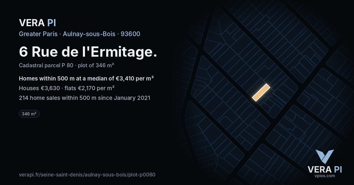 6 Rue de l'Ermitage, Aulnay-sous-Bois at night – the plot lit, the parcels around coloured by the prices near them