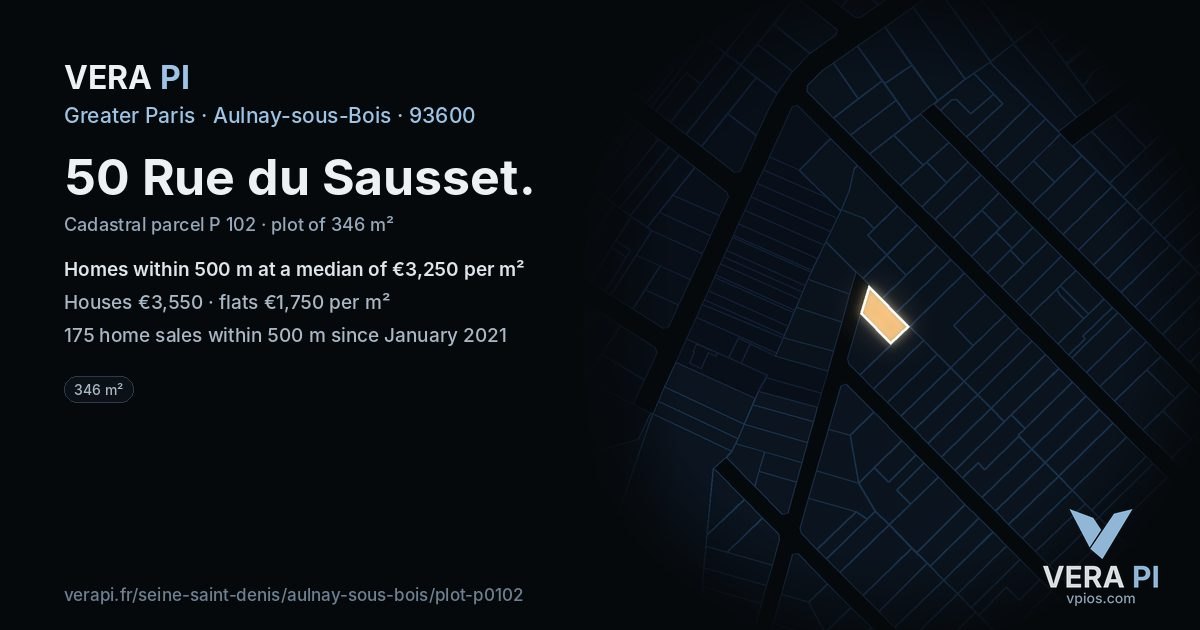 50 Rue du Sausset, Aulnay-sous-Bois at night – the plot lit, the parcels around coloured by the prices near them