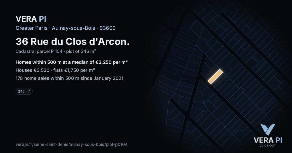 36 Rue du Clos d'Arcon, Aulnay-sous-Bois at night – the plot lit, the parcels around coloured by the prices near them