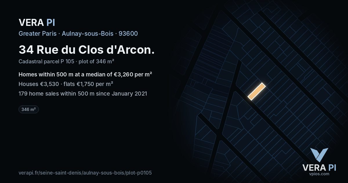 34 Rue du Clos d'Arcon, Aulnay-sous-Bois at night – the plot lit, the parcels around coloured by the prices near them