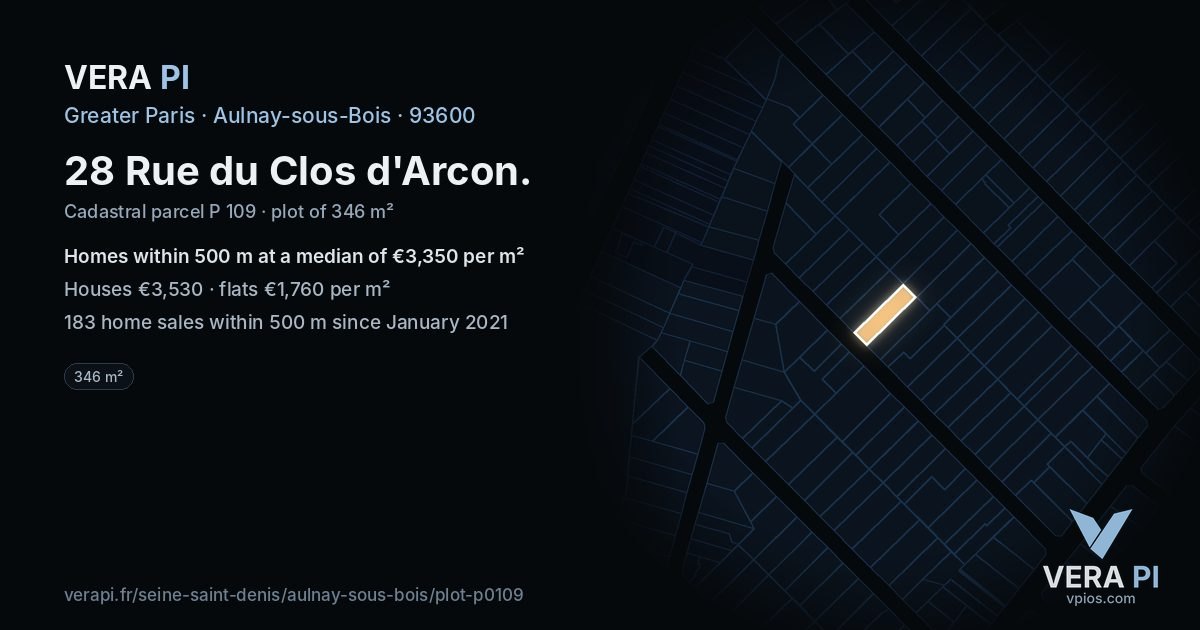 28 Rue du Clos d'Arcon, Aulnay-sous-Bois at night – the plot lit, the parcels around coloured by the prices near them