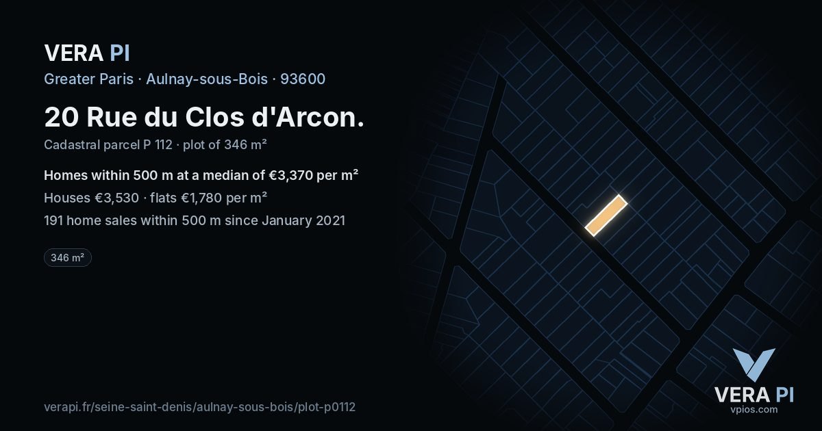 20 Rue du Clos d'Arcon, Aulnay-sous-Bois at night – the plot lit, the parcels around coloured by the prices near them