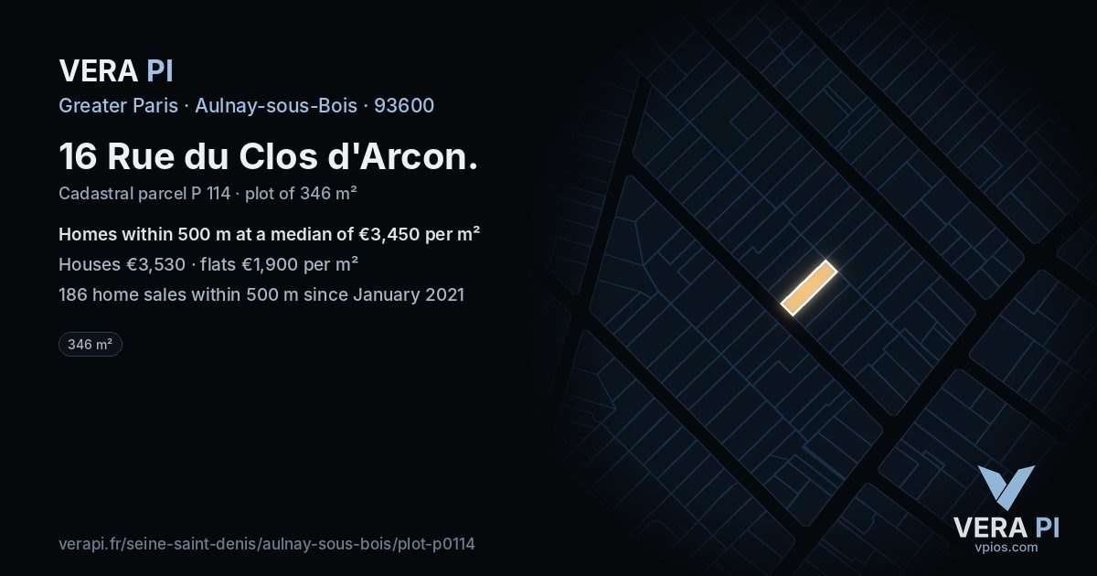 16 Rue du Clos d'Arcon, Aulnay-sous-Bois at night – the plot lit, the parcels around coloured by the prices near them