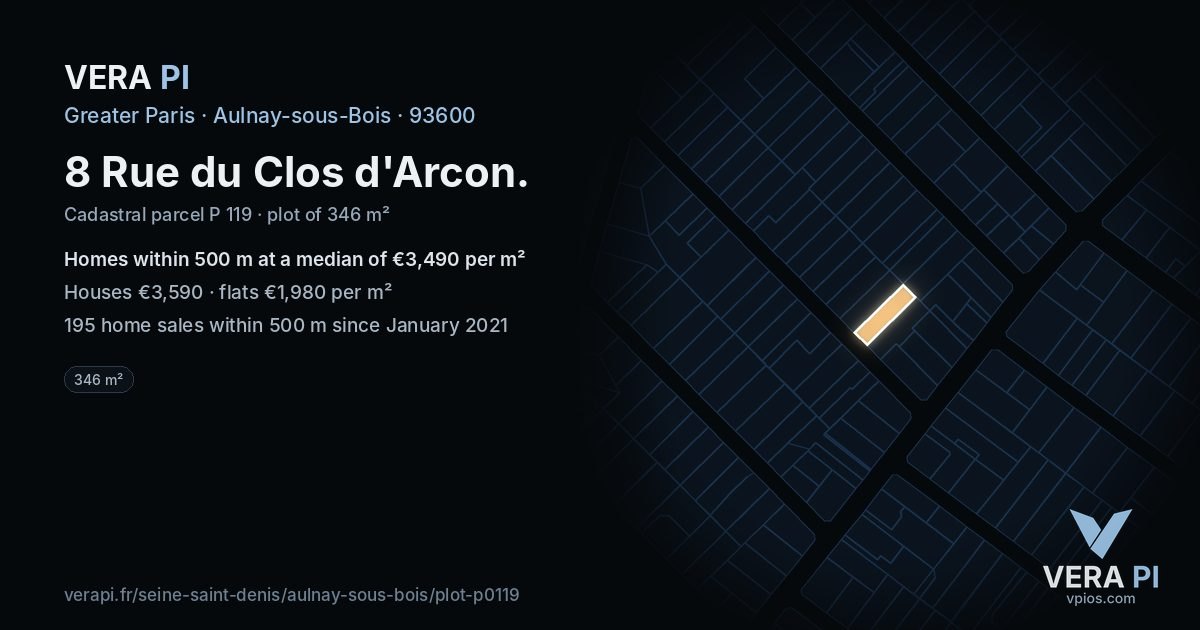 8 Rue du Clos d'Arcon, Aulnay-sous-Bois at night – the plot lit, the parcels around coloured by the prices near them