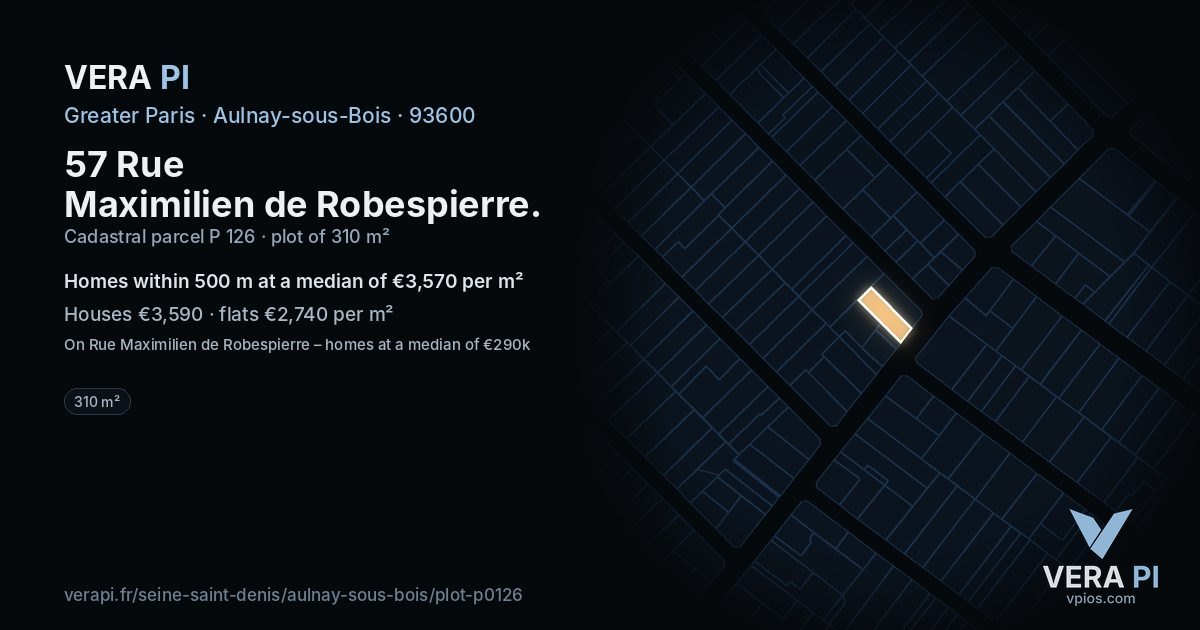 57 Rue Maximilien de Robespierre, Aulnay-sous-Bois at night – the plot lit, the parcels around coloured by the prices near them