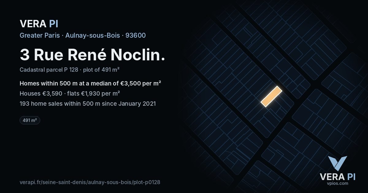 3 Rue René Noclin, Aulnay-sous-Bois at night – the plot lit, the parcels around coloured by the prices near them