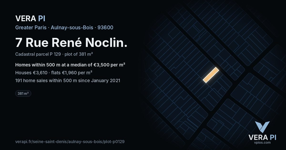 7 Rue René Noclin, Aulnay-sous-Bois at night – the plot lit, the parcels around coloured by the prices near them
