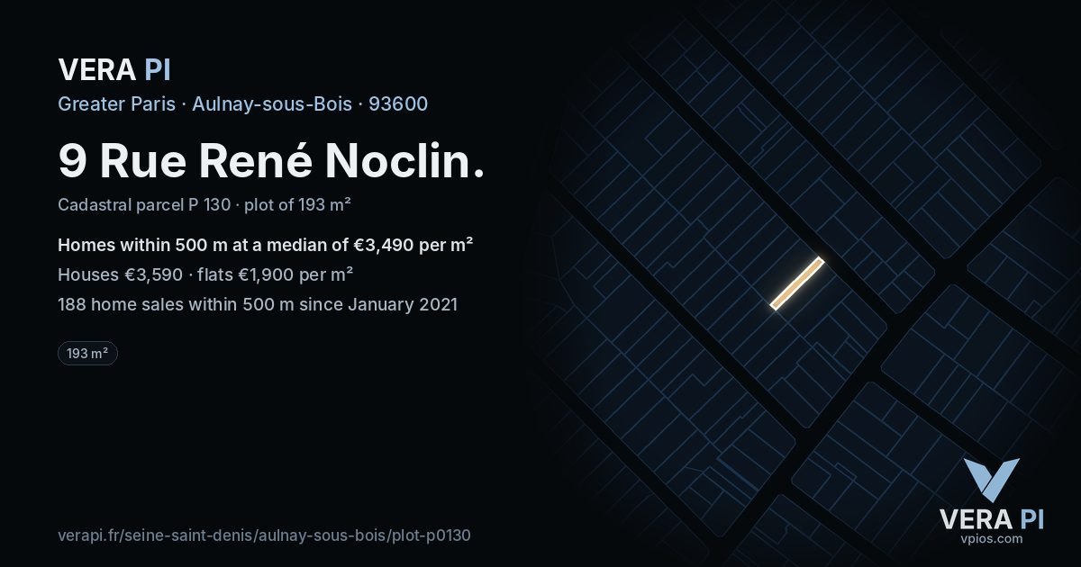 9 Rue René Noclin, Aulnay-sous-Bois at night – the plot lit, the parcels around coloured by the prices near them