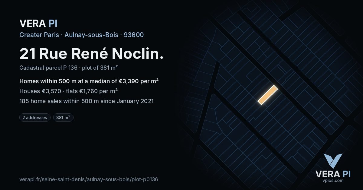 21 Rue René Noclin, Aulnay-sous-Bois at night – the plot lit, the parcels around coloured by the prices near them