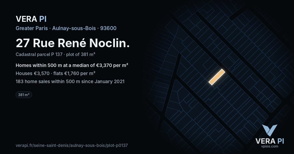 27 Rue René Noclin, Aulnay-sous-Bois at night – the plot lit, the parcels around coloured by the prices near them
